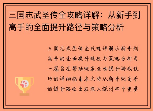 三国志武圣传全攻略详解：从新手到高手的全面提升路径与策略分析