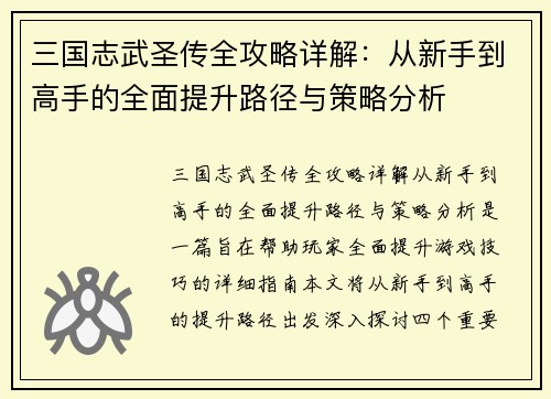 三国志武圣传全攻略详解：从新手到高手的全面提升路径与策略分析